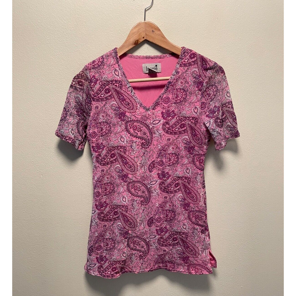 Vintage Imagio Womens Top Small Pink Paisley Mesh Stretch V Neck Fairy 90s Y2K